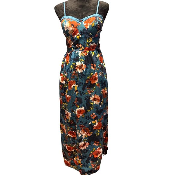 Floral Maxi Sundress LG Adjustable Spaghetti Straps Smocked Back Boho Hippie - Picture 2 of 11